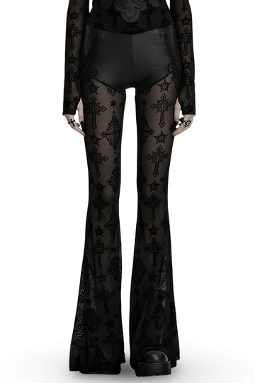 Edgy Gothic Flared Pants with Mesh Panels and Faux Leather